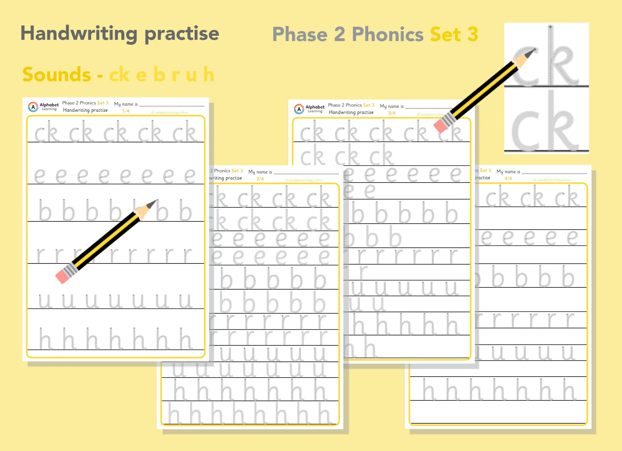 Handwriting Phase 2 Phonics ck e b r u h (Set 3)