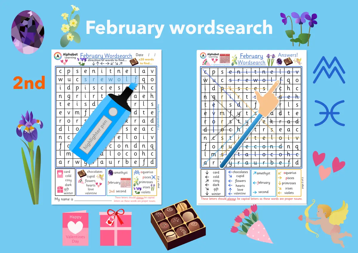 February themed word search worksheet (ages 5-7) main preview