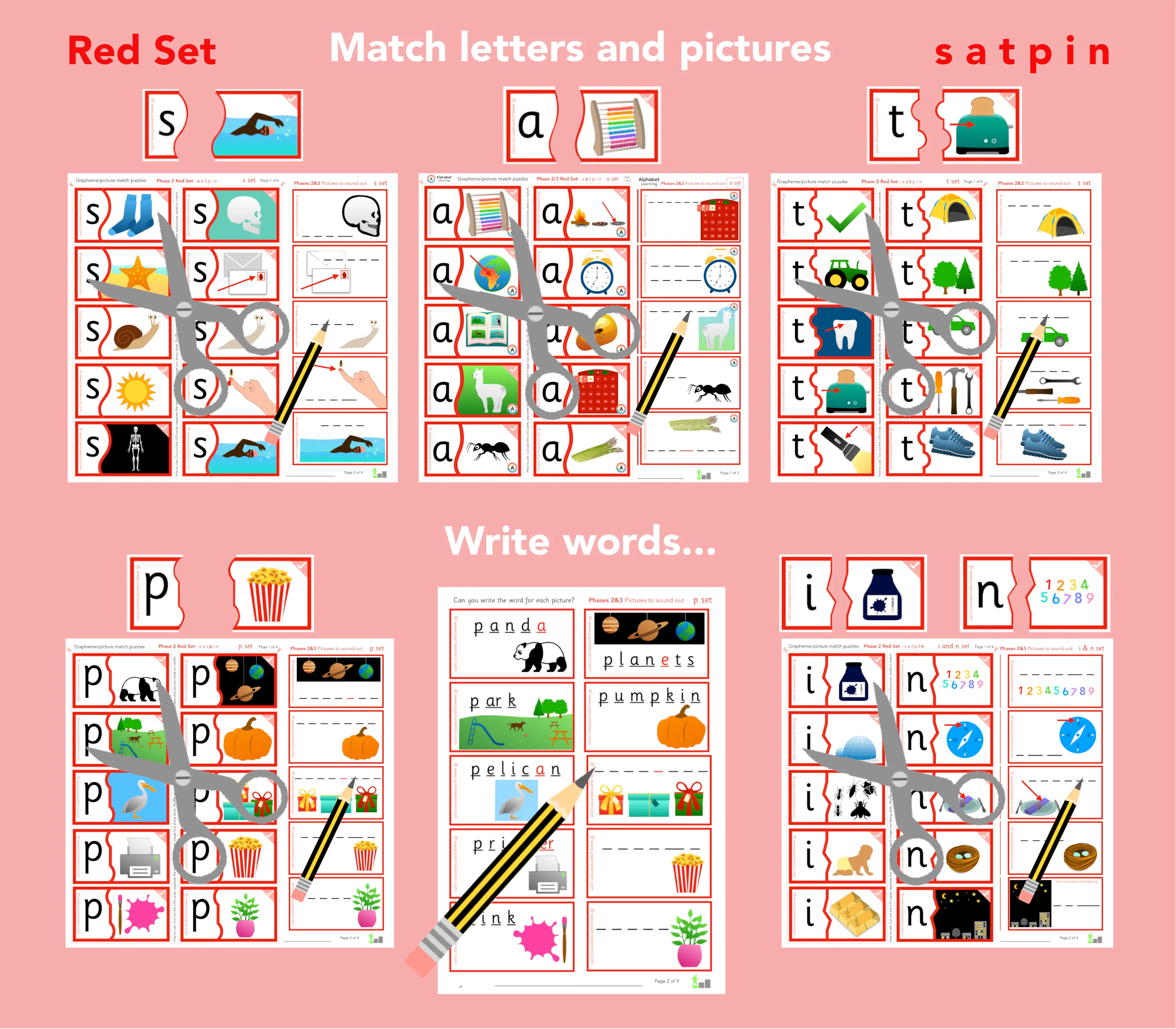 s a t p i n Match letters and pictures, write words main preview