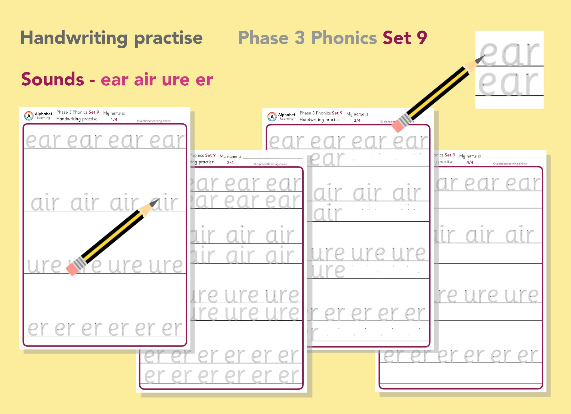 Handwriting Phase 3 Phonics ear, air, ure, er (Set 9)