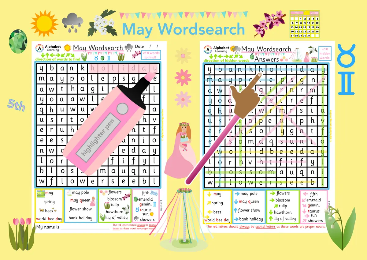 May themed word search worksheet (ages 5-7) main preview