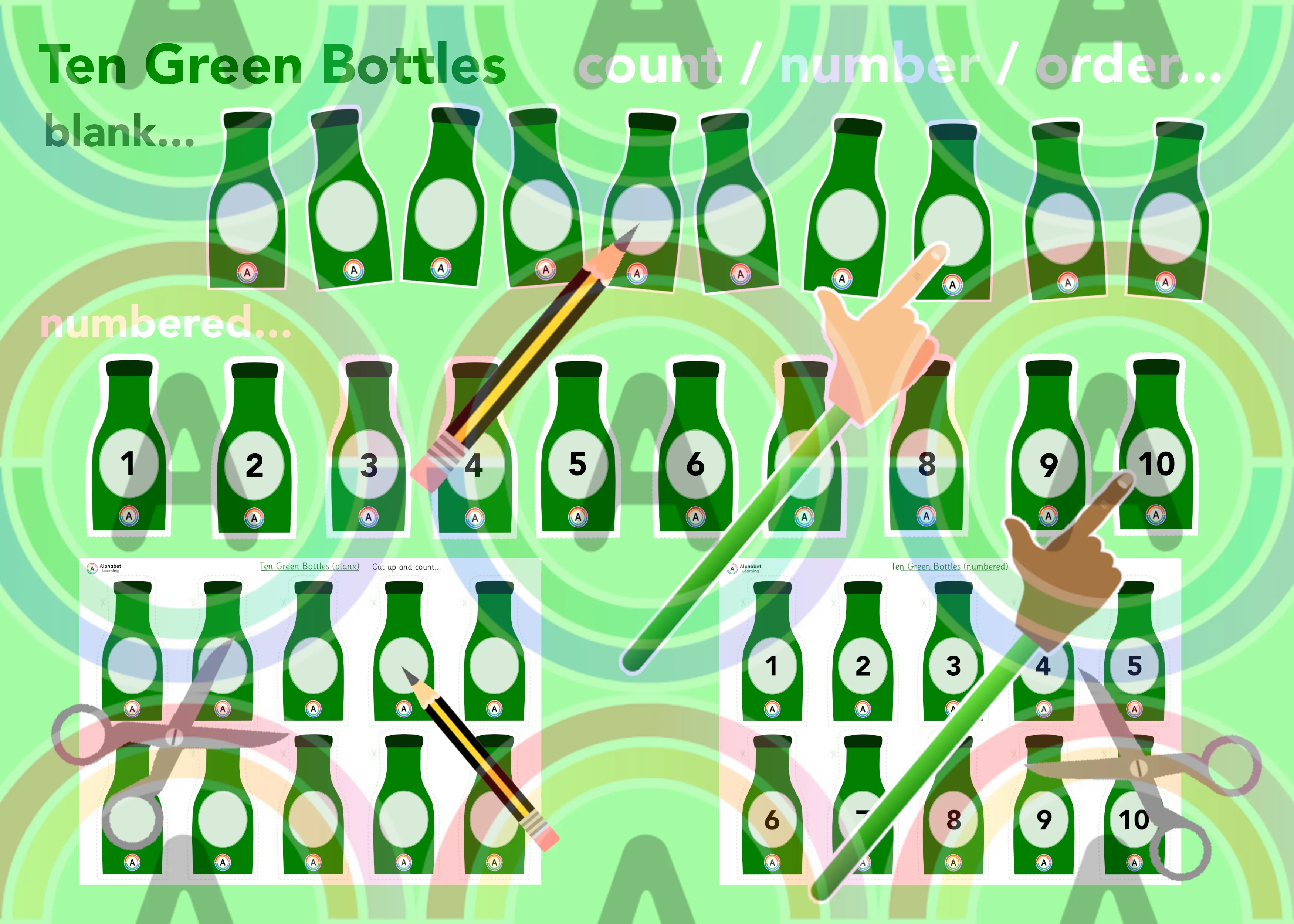 Ten Green Bottles to count and order (blank AND numbered) main preview