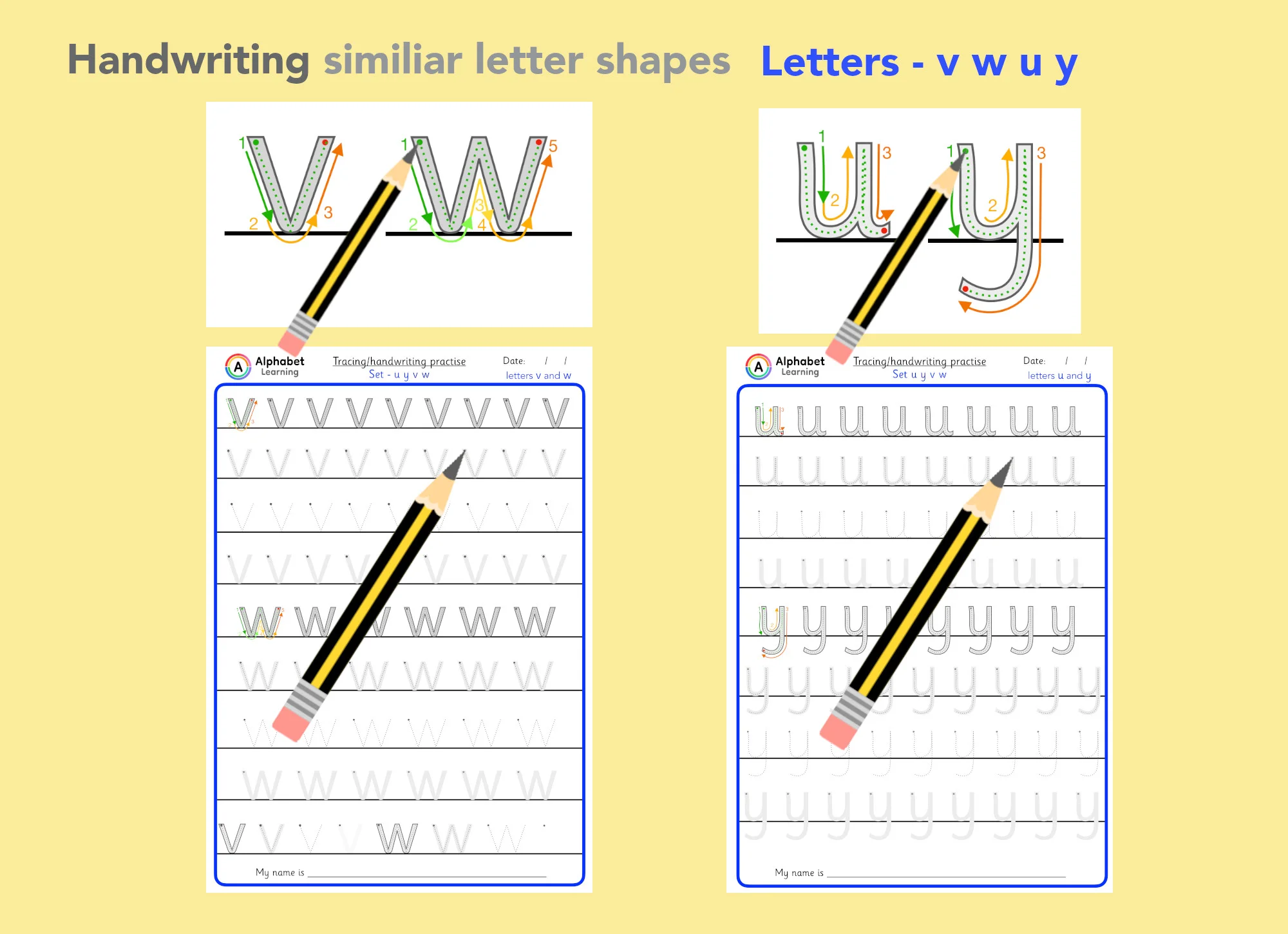 Handwriting similar letters - u y v w