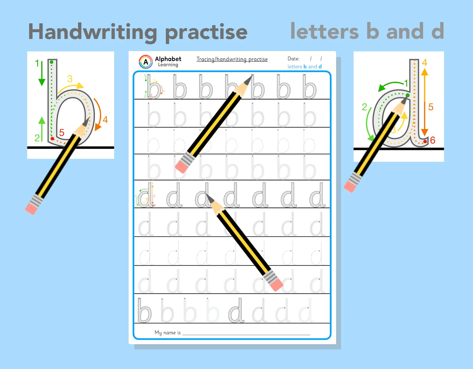 Correct Handwriting similar letters - b / d
