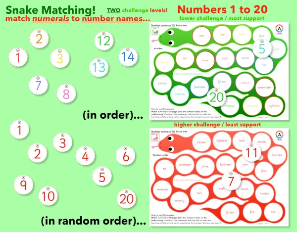 Snakes! Matching numerals (1-20) and number names (one to twenty) Two levels