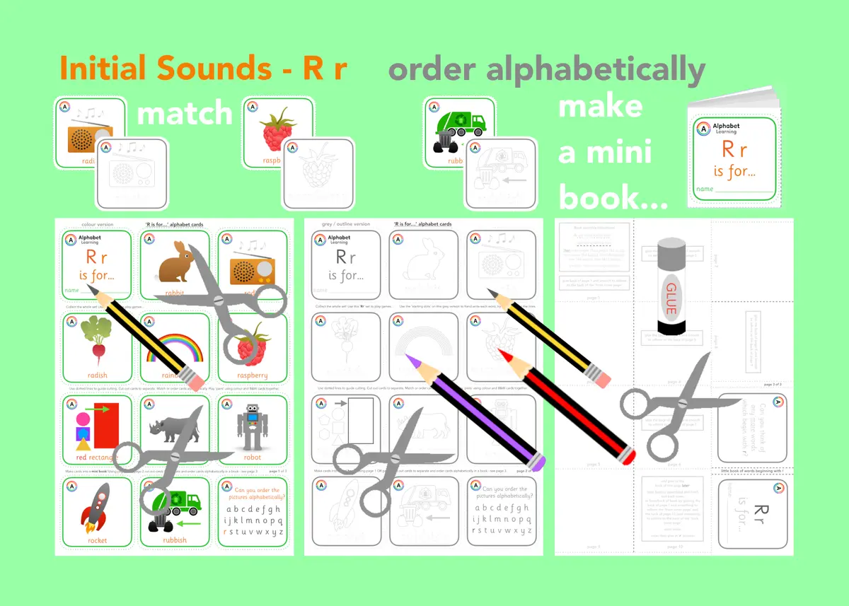 R is for... letter 'r' initial sounds - alphabet cards and mini book activity printable resource (Ages 3-6) main preview