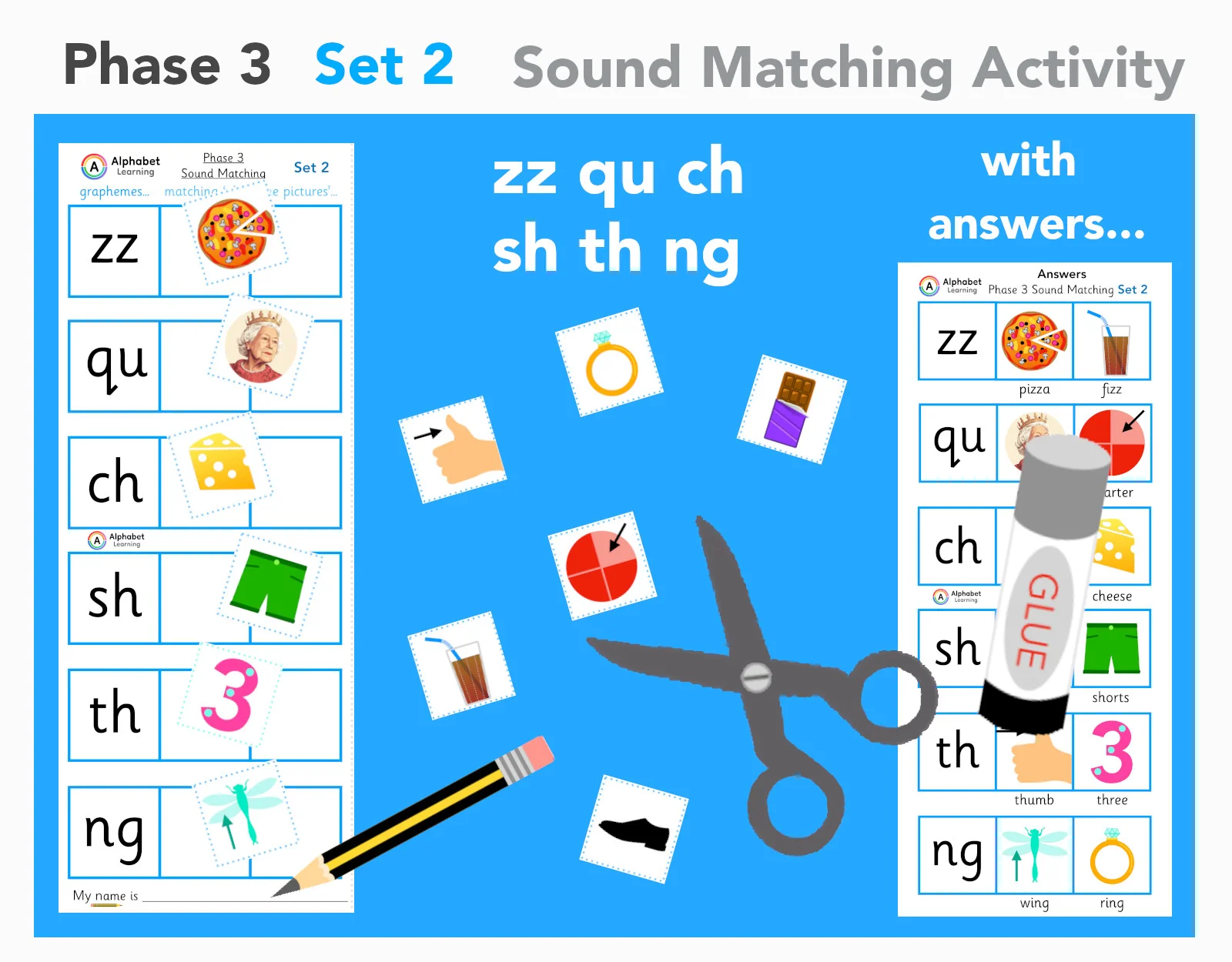 Phase 3 Phonics zz qu ch sh th ng (set 2 of 5)