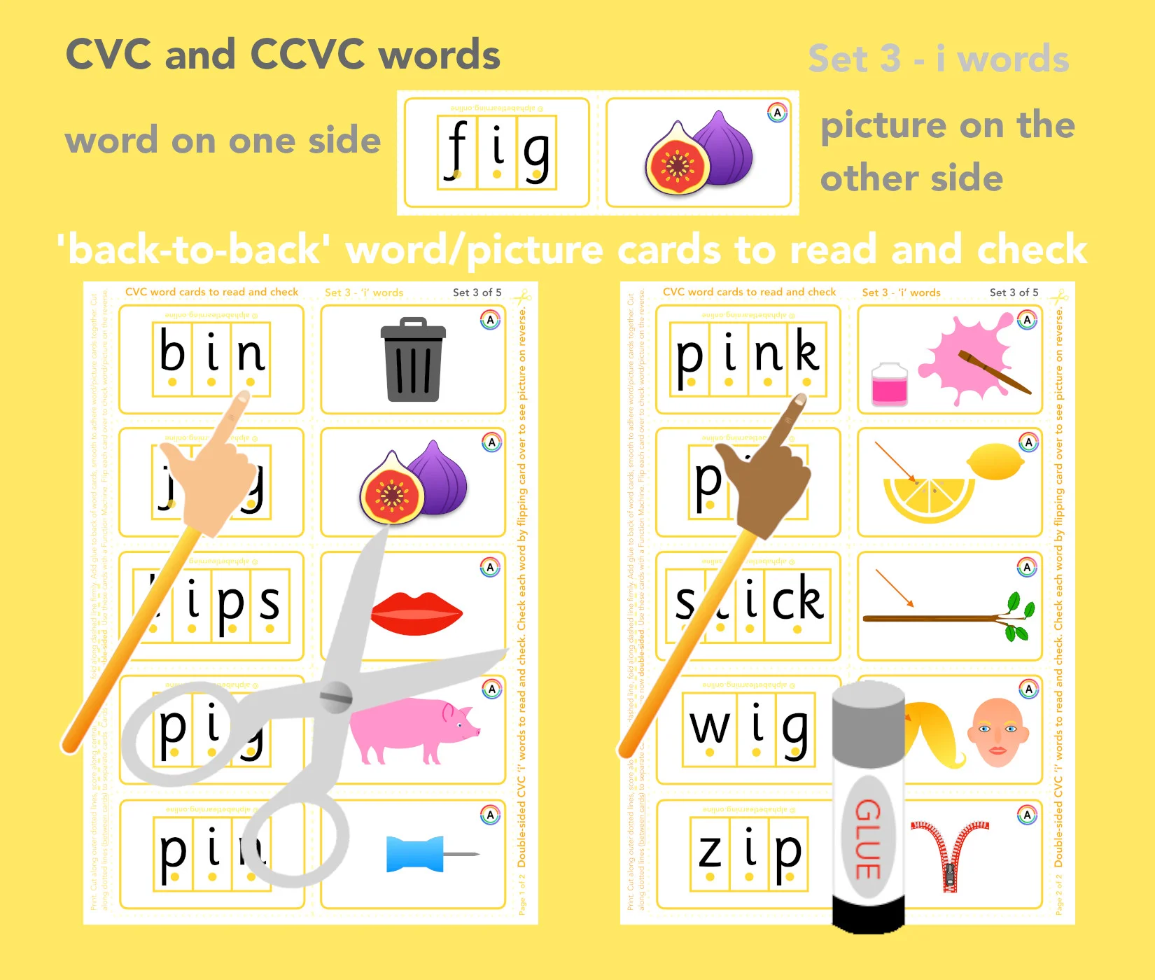 CVC 'i' word/picture cards - Double-sided (Set 3/5)