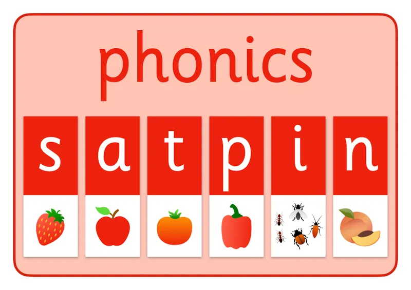 Six grapheme cards each featuring the letters satpin and corresponding images beginning with these letter sounds. In shades of red.