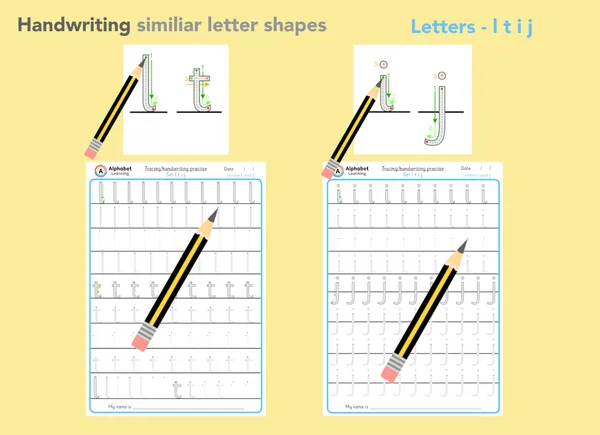 Lowercase Letter Handwriting Formation: l, t, i, j Similar Shapes