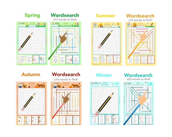 Seasons and months of the year word search worksheet set of five (ages 5-7)