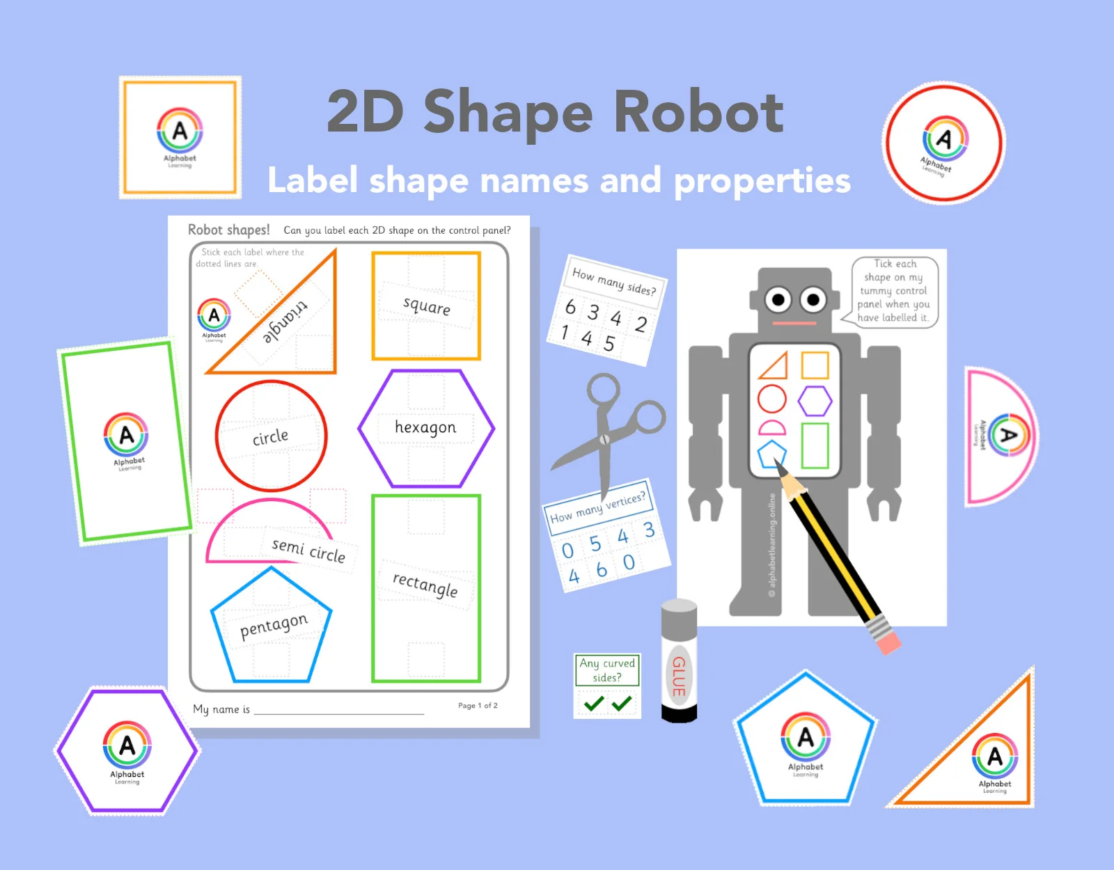 2D Shapes Robot Labelling cut/stick activity