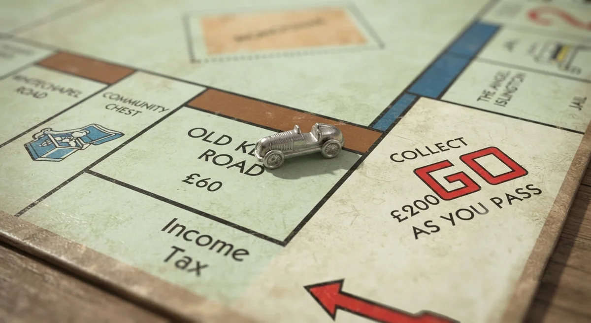 A silver vintage race car token resting on the Old Kent Road space on a Monopoly game board.