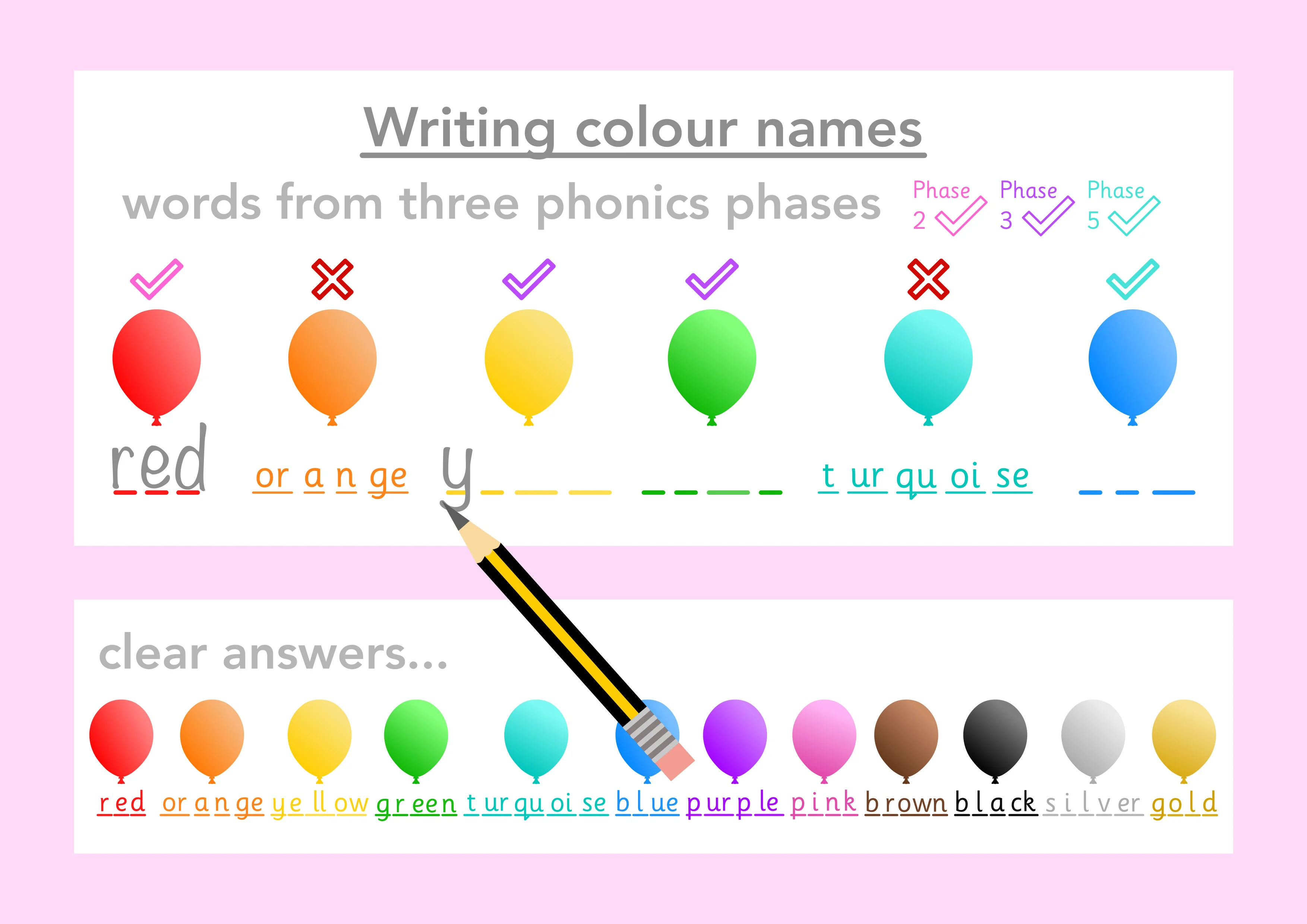 Writing colour words - Phonics phases 2, 3, 5