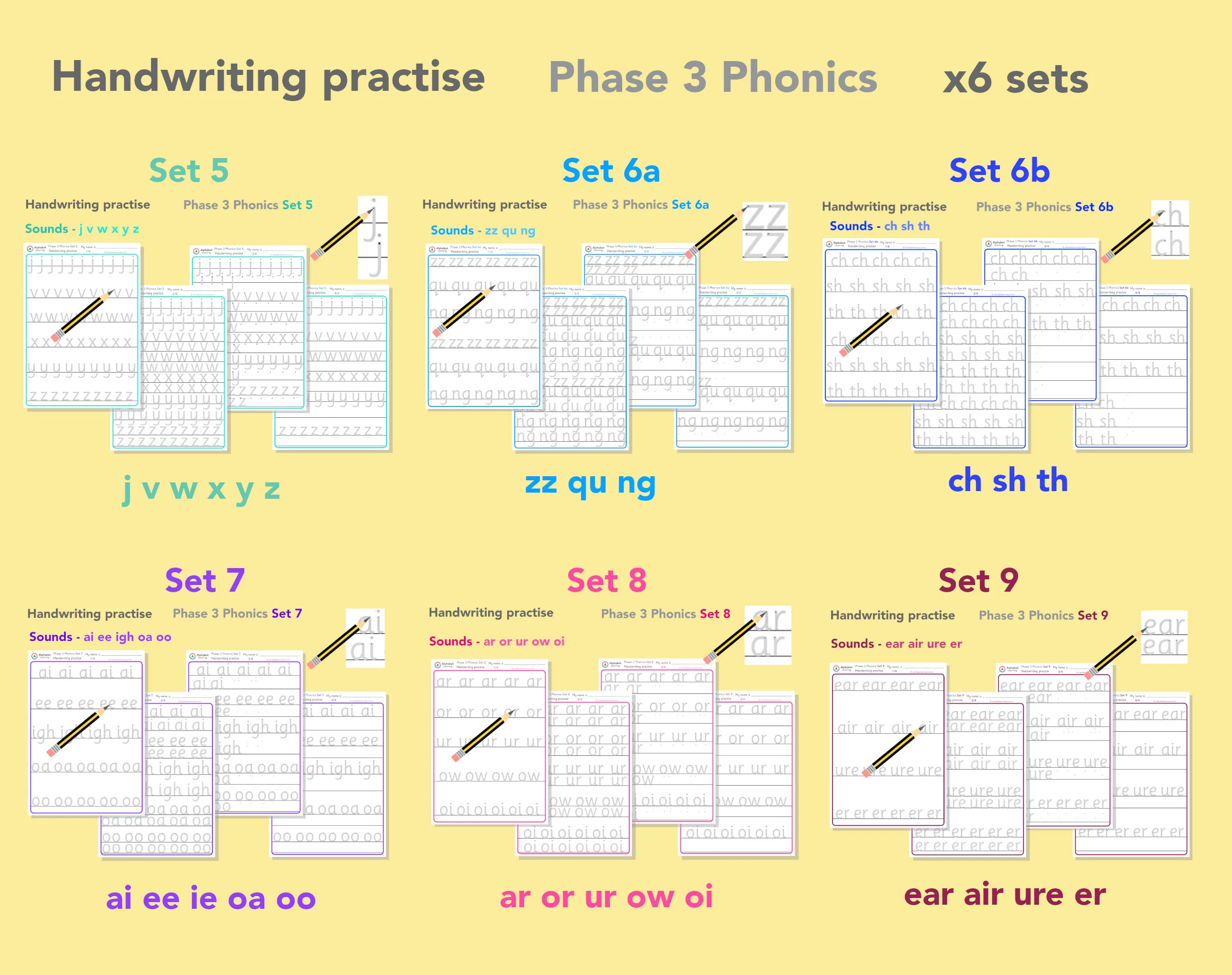 Handwriting Phase 3 Phonics (Sets 5-9) All sounds