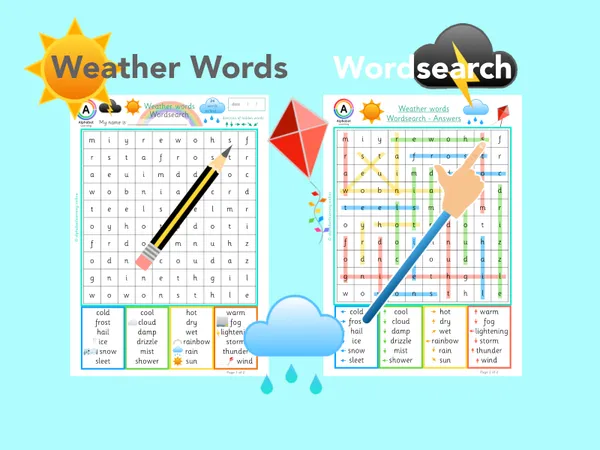 Weather words themed word search worksheet (ages 5-7)