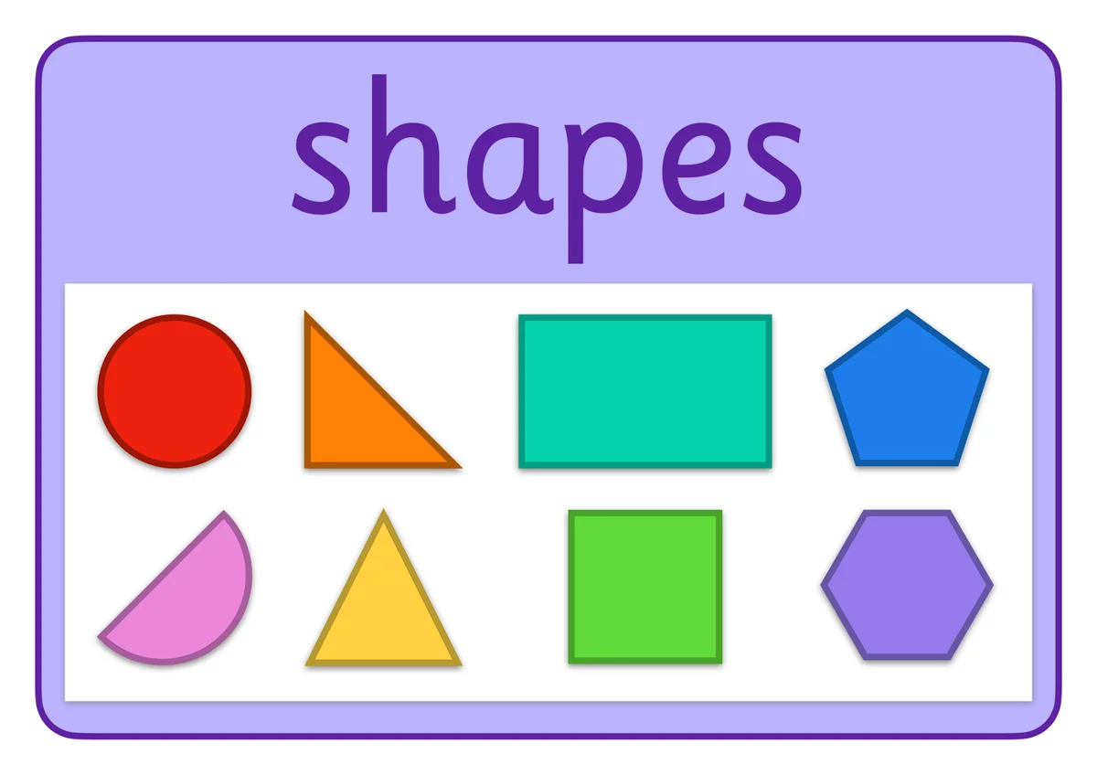 Eight 2D shapes within a large, white rectangle. Each 2D shape is a different colour of the rainbow.