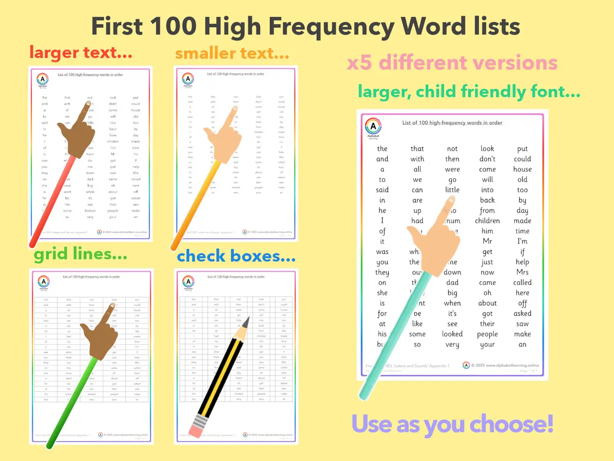 High Frequency Word Lists (First 100) x5 versions main preview