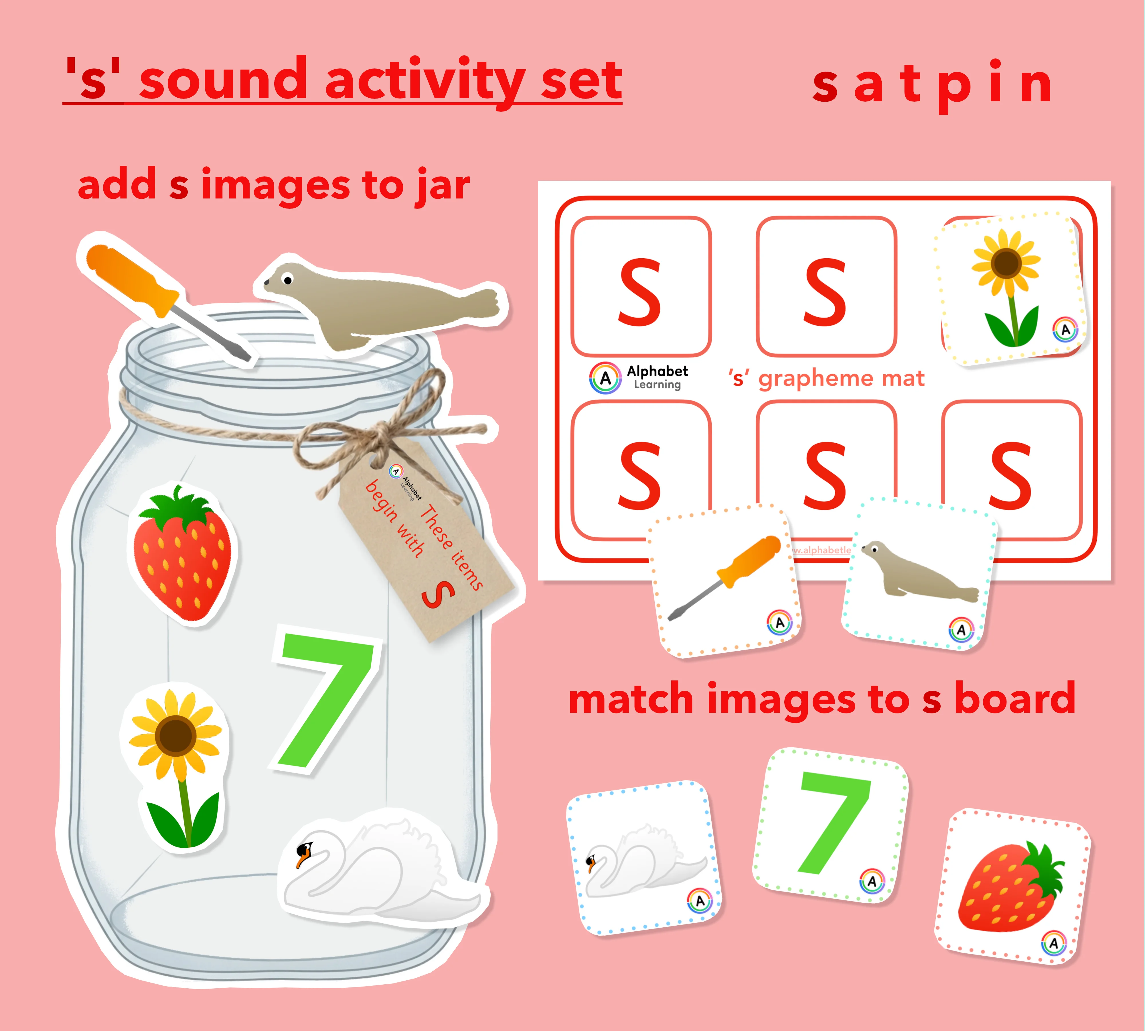 Satpin Phonics Resource: Initial Letter S Jars, Matching Cards, and Grapheme Mats for EYFS and KS1