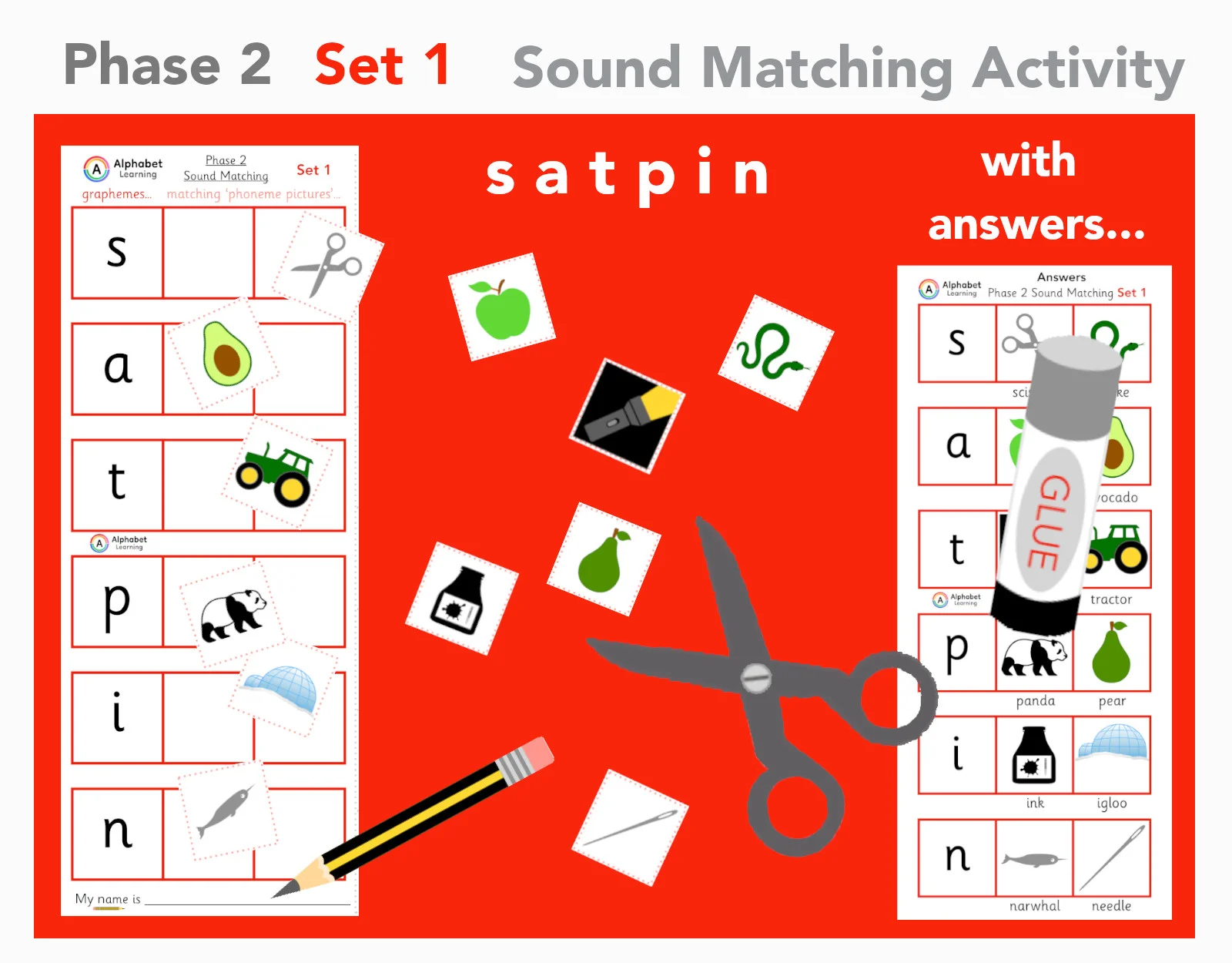 Phase 2 Phonics s a t p i n (set 1 of 4)
