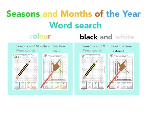 Seasons and months of the year word search worksheet (ages 5-7)