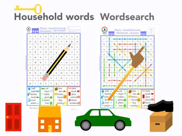 Household nouns word search worksheet (ages 5-7)