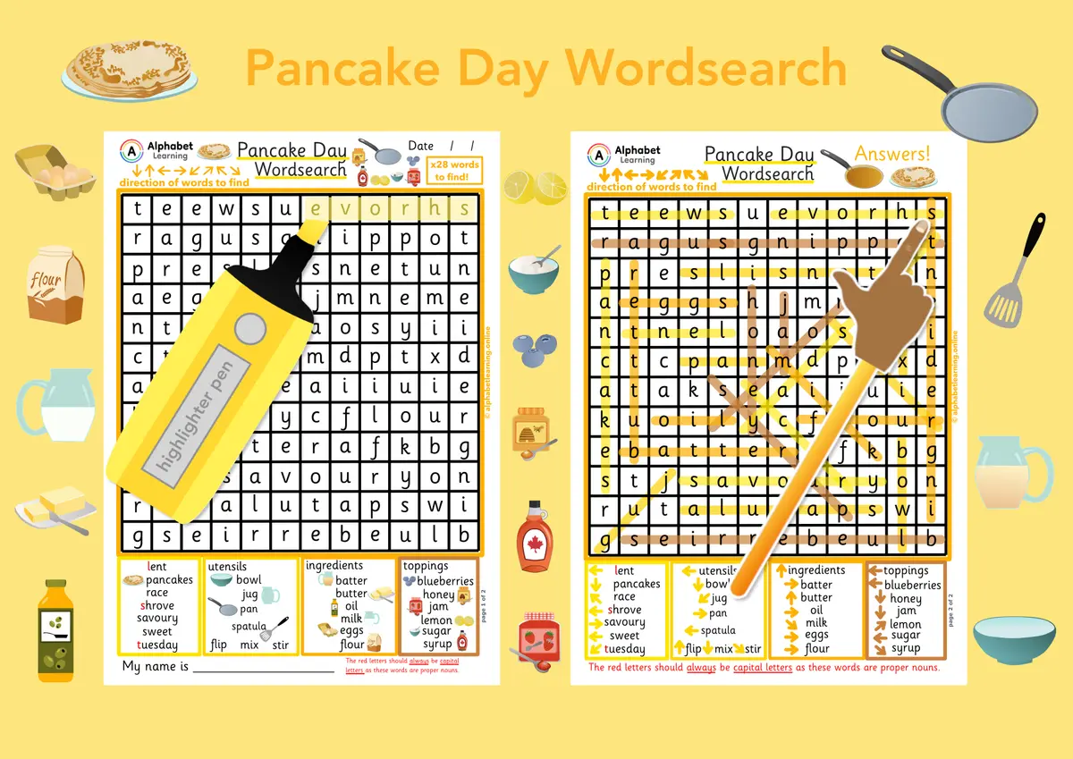 Pancake Day/Shrove Tuesday themed word search worksheet (ages 5-7) main preview