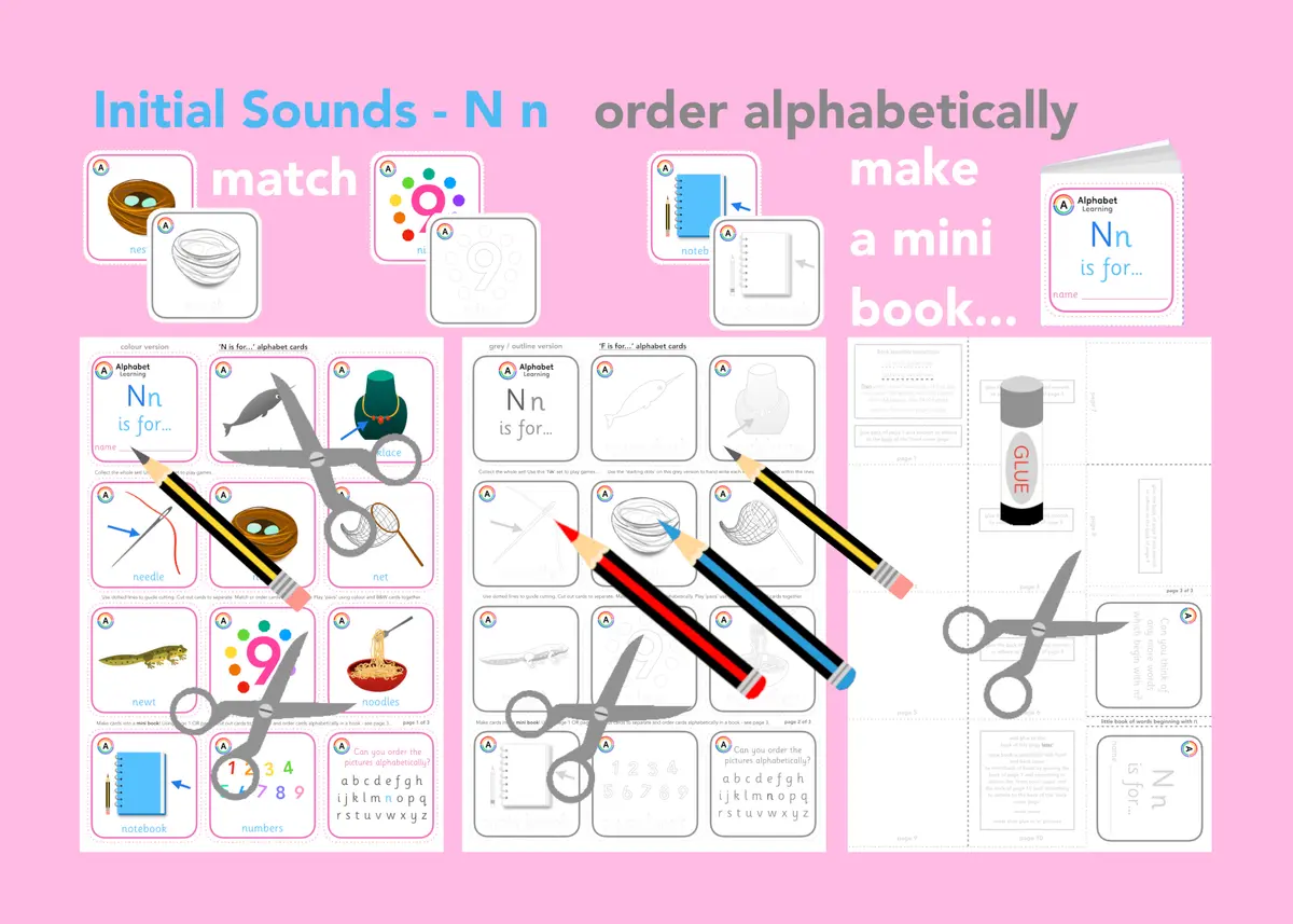 N is for... letter 'n' initial sounds - alphabet cards and mini book activity printable resource (Ages 3-6) main preview