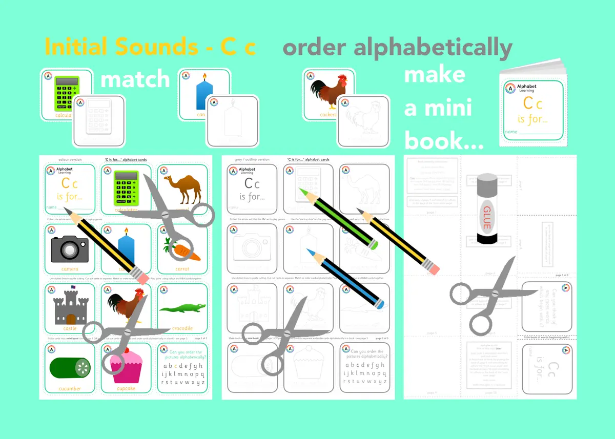 C is for... letter 'c' initial sounds - alphabet cards and mini book activity printable resource (Ages 3-6) main preview