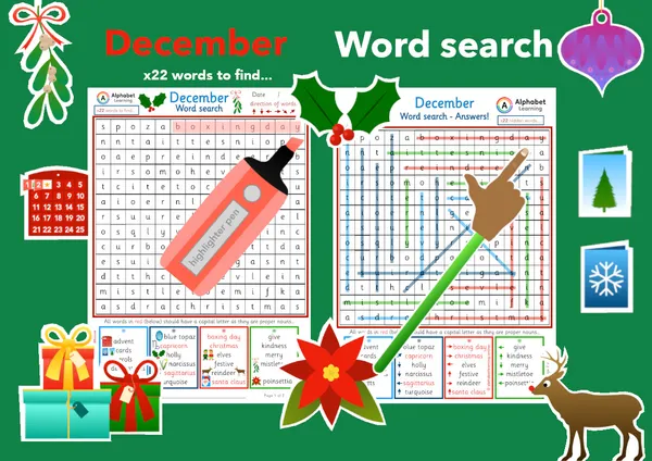 December themed word search worksheet (ages 5-7)