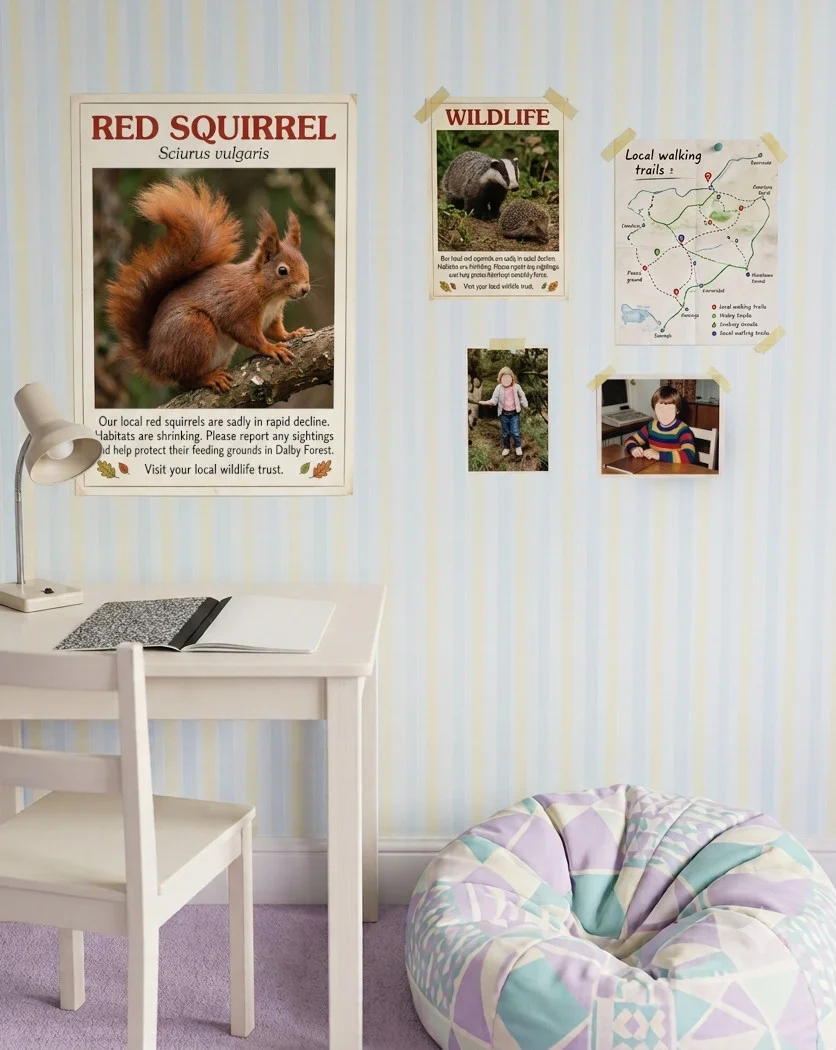 A child's study corner featuring an educational Red Squirrel poster, a white desk, and a pastel beanbag chair.