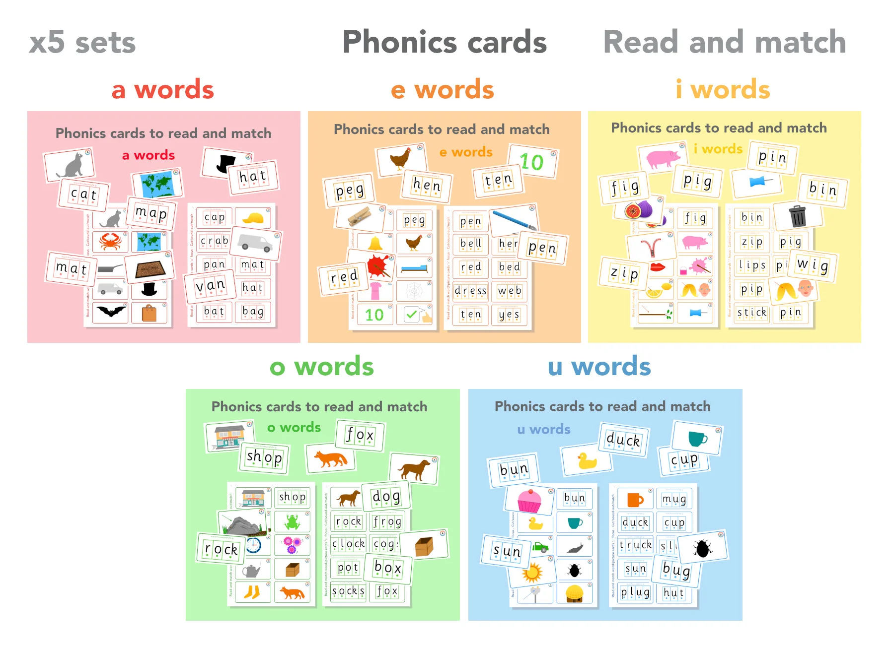 Word/picture cards - Read/match x5 sets (a/e/i/o/u)