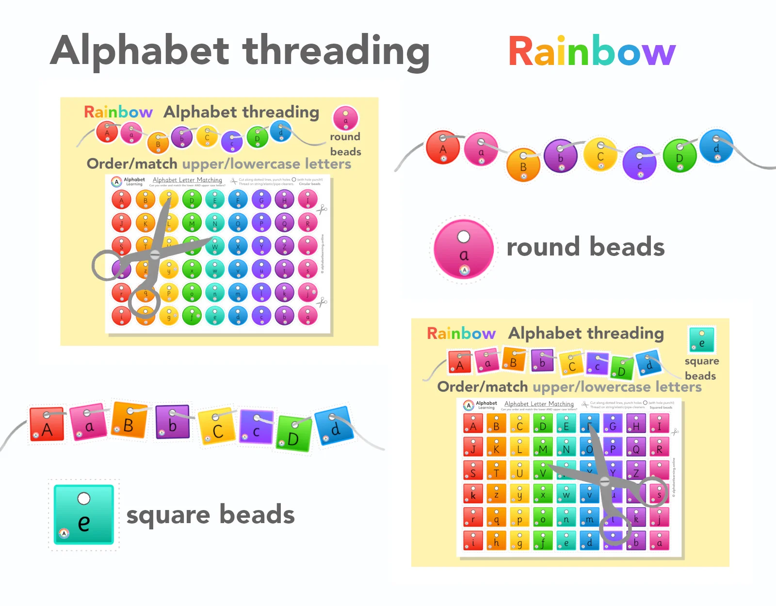 Threading upper and lowercase letters (Rainbow beads)