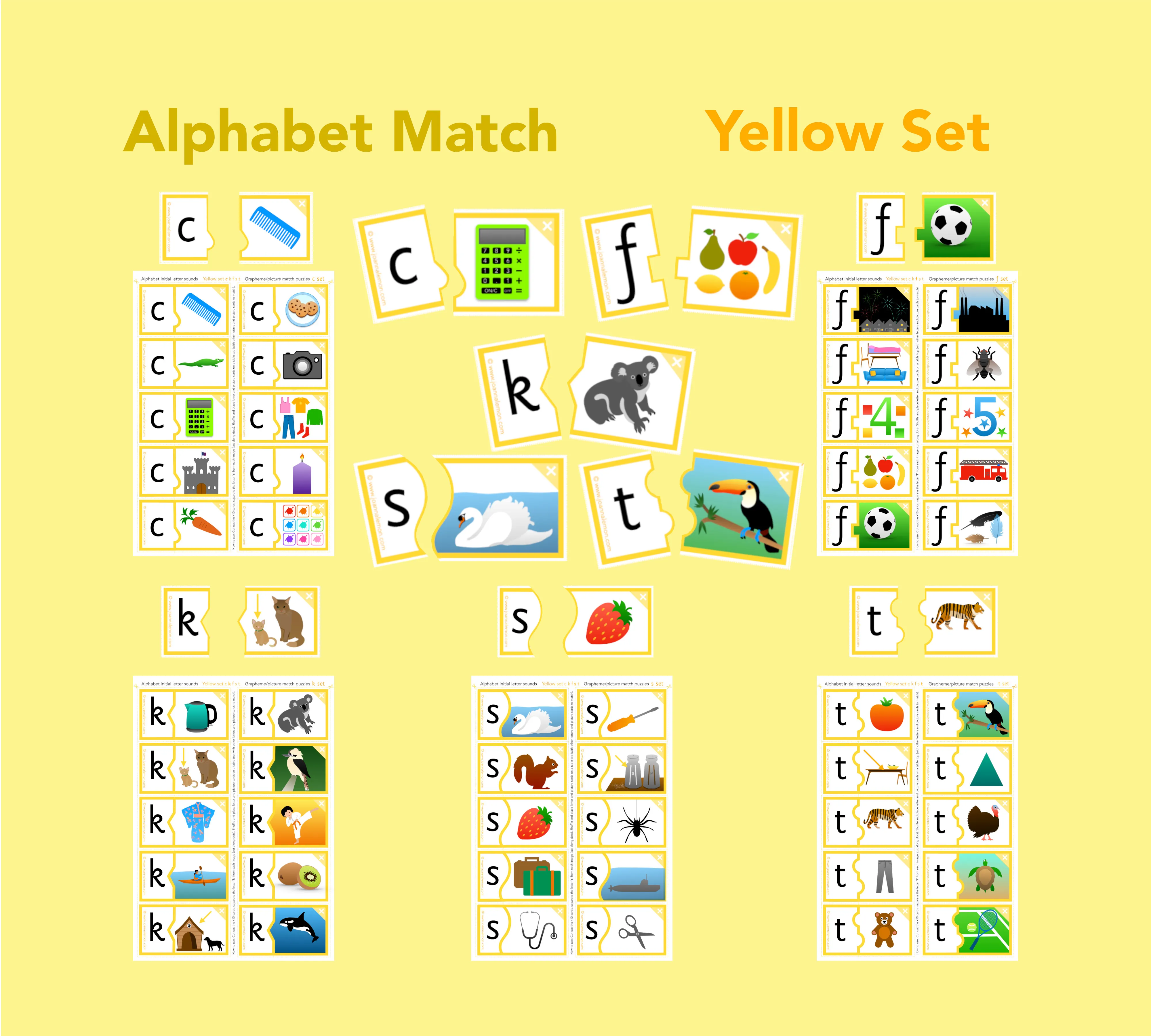 Alphabet match - letters c f k s t (Yellow set) main preview
