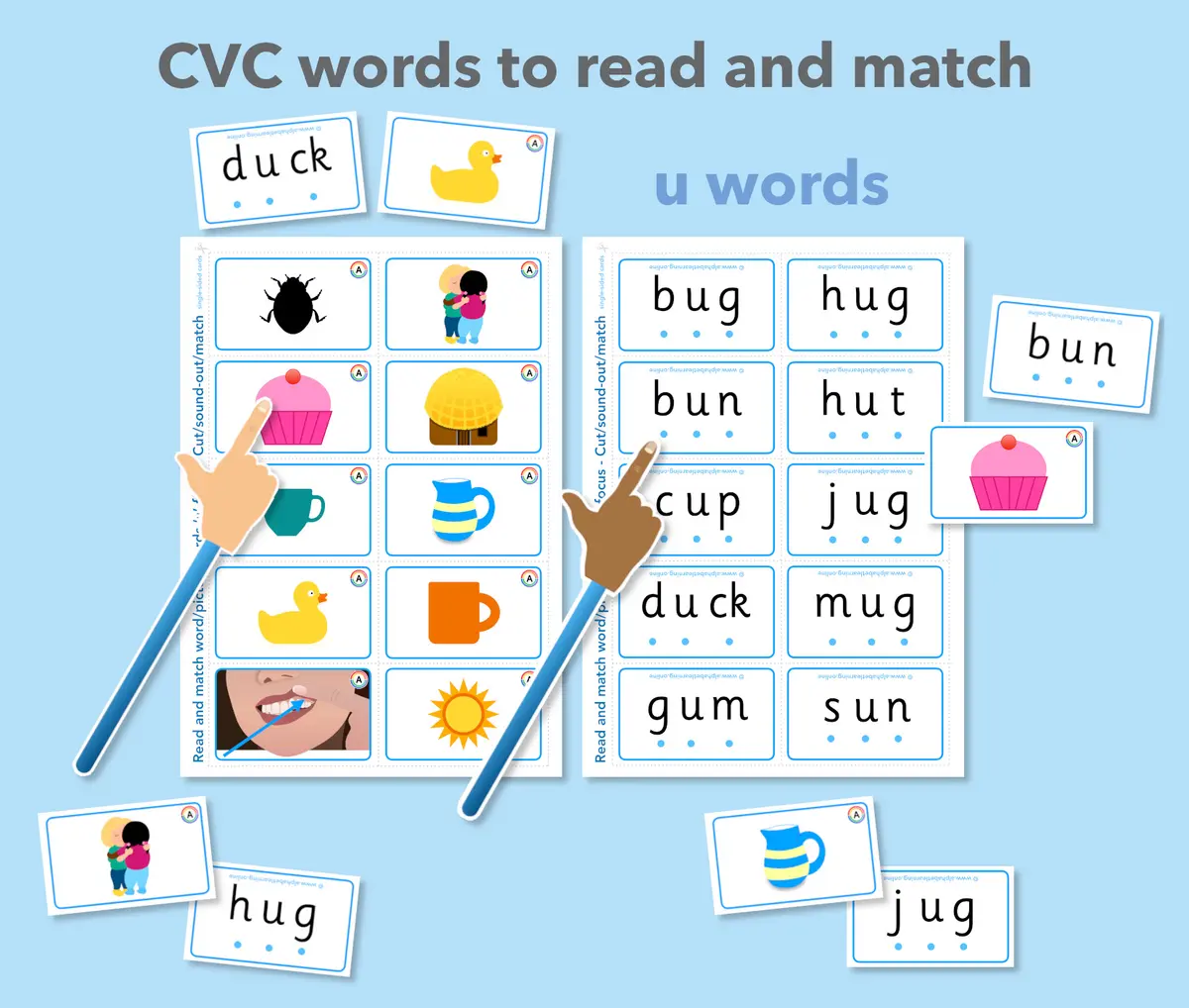 CVC words read and match - short u sound flashcards (ages 4-6) main preview