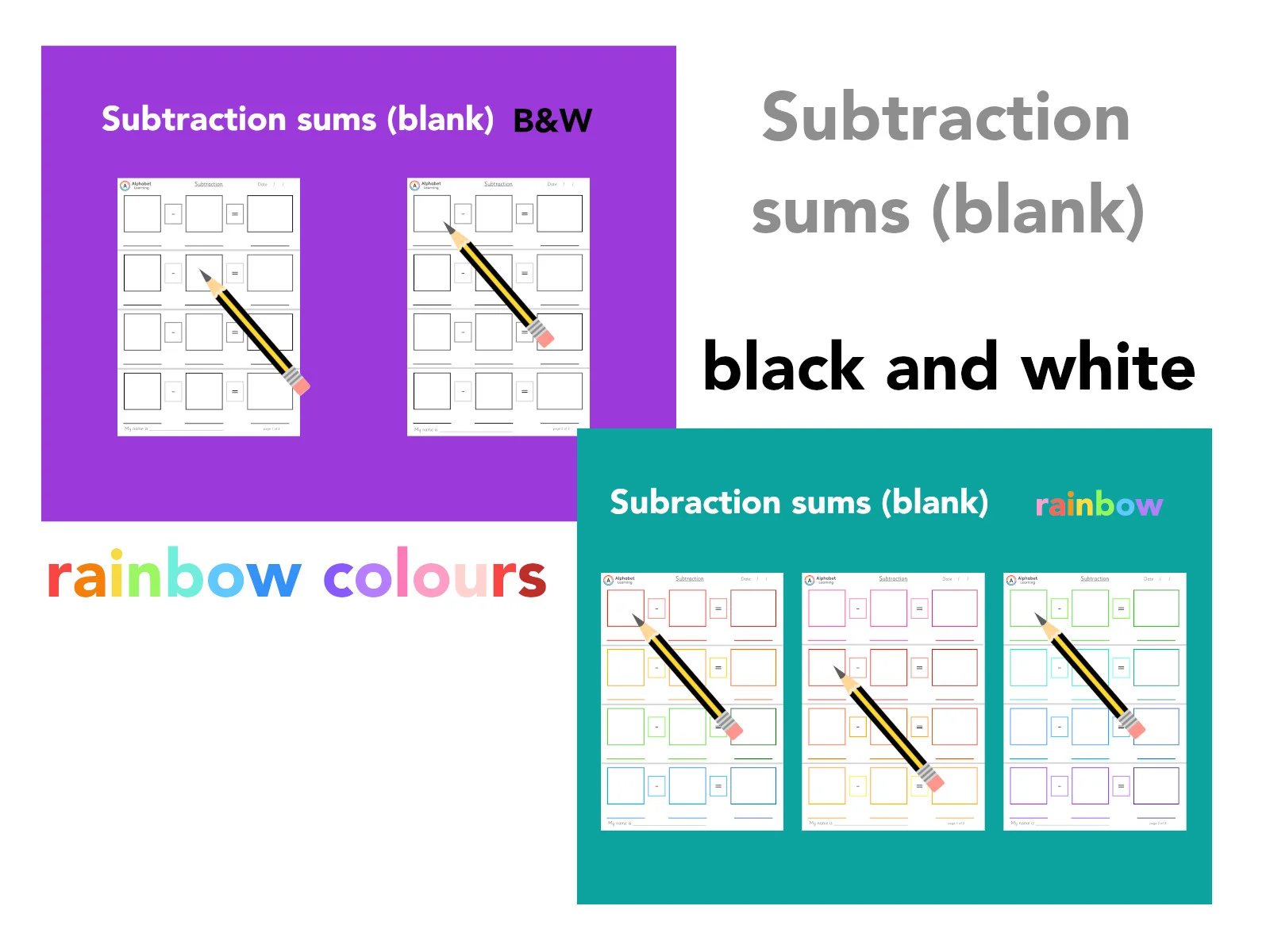 Subtraction sums (blank) Rainbow and black/white
