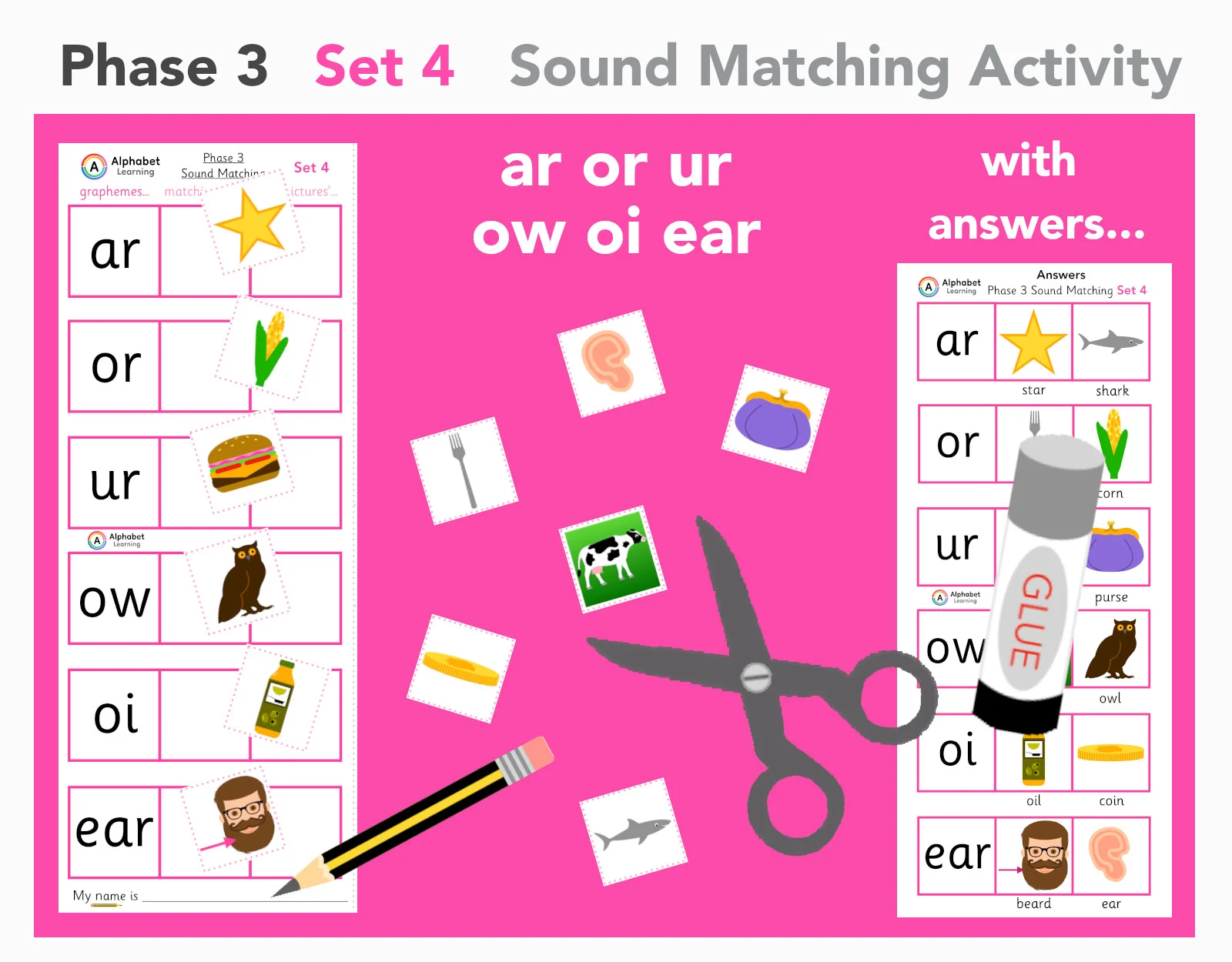 Phase 3 Phonics ar or ur ow oi ear (set 4 of 5)