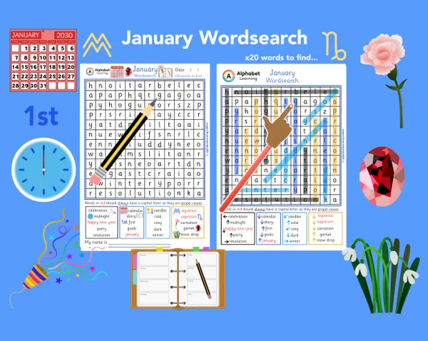 January themed word search worksheet (ages 5-7)