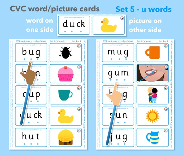 CVC word and picture cards double-sided set 5 'u' word and picture cards (ages 4-6)