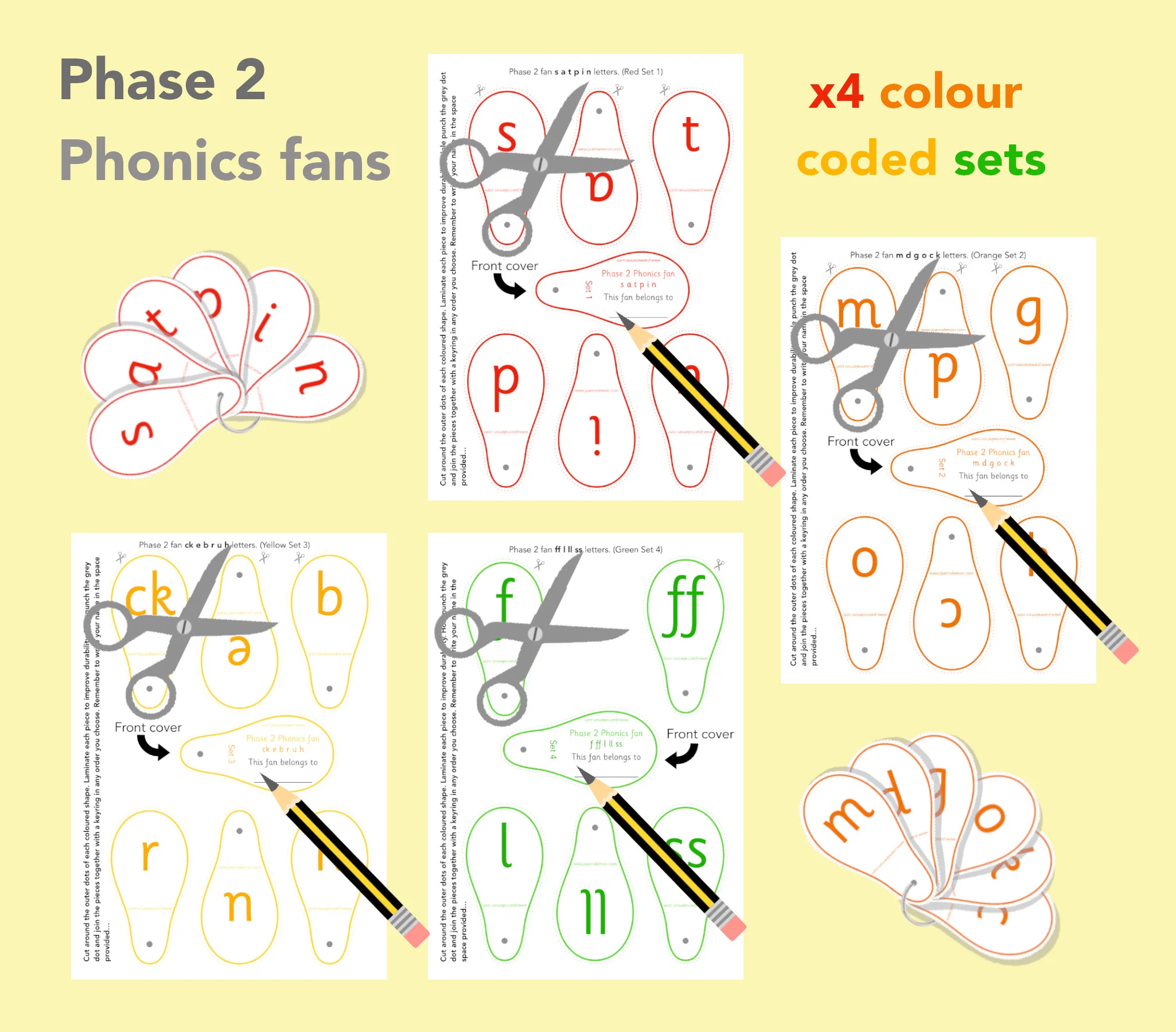 Phase 2 Phonics fans x4 colour coded sets