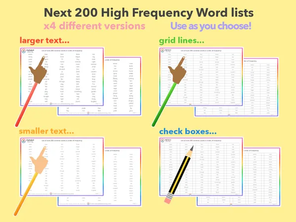 High Frequency Word Lists (Next 200) x4 versions