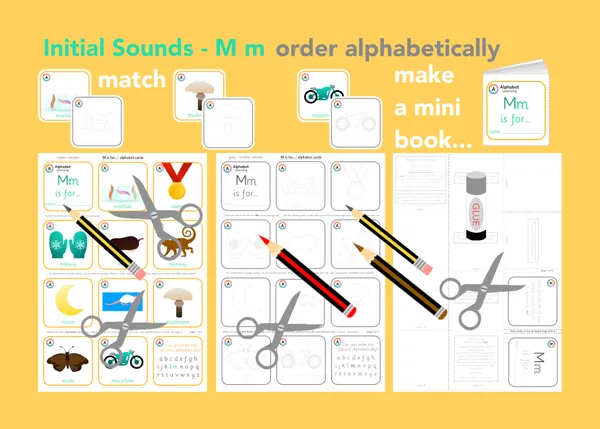 M is for... letter 'm' initial sounds - alphabet cards and mini book activity printable resource (Ages 3-6)