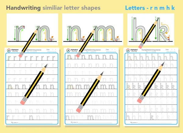 Lowercase Letter Handwriting Formation: r, n, m, h, k Similar Shapes