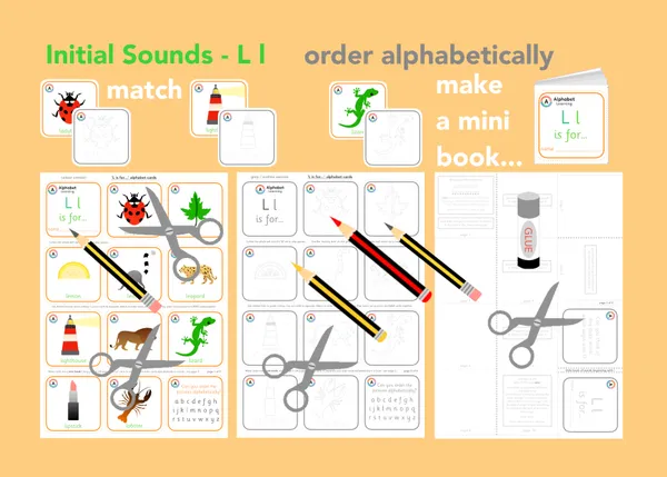 L is for... letter 'l' initial sounds - alphabet cards and mini book activity printable resource (Ages 3-6)