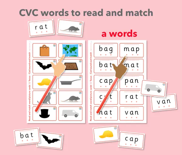 CVC words read and match - short a sound flashcards (ages 4-6)