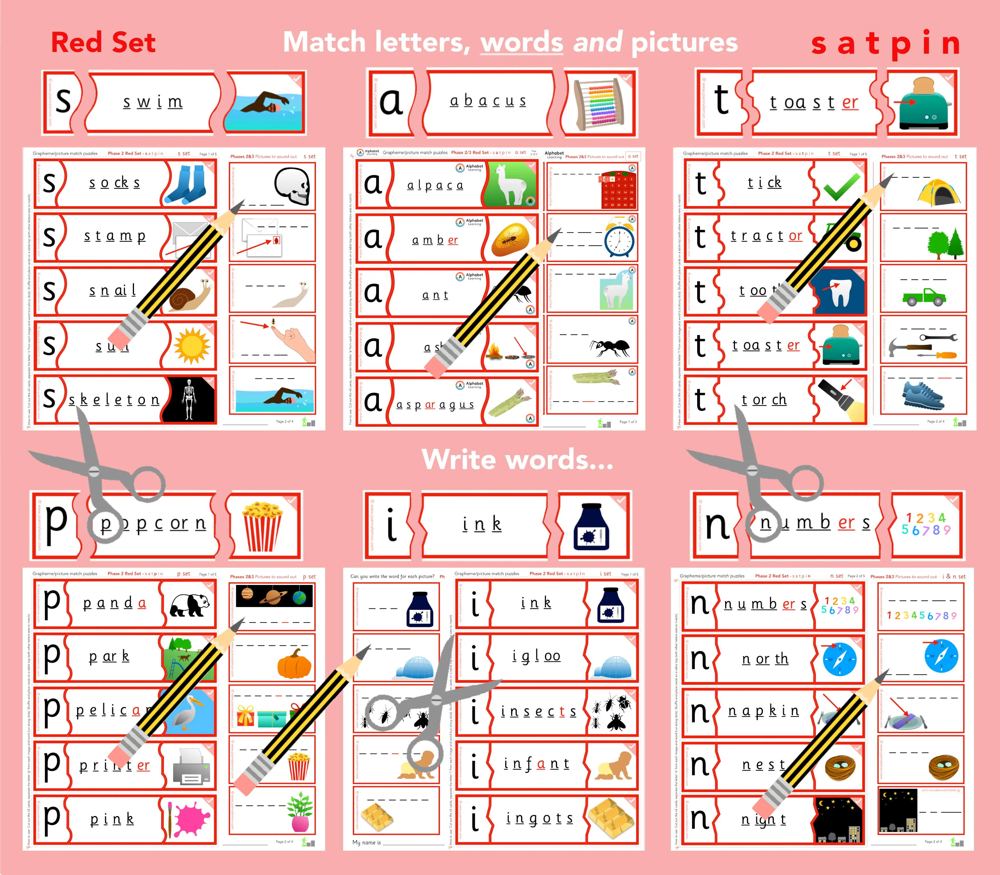 s a t p i n Match letters/pictures AND WORDS, write words