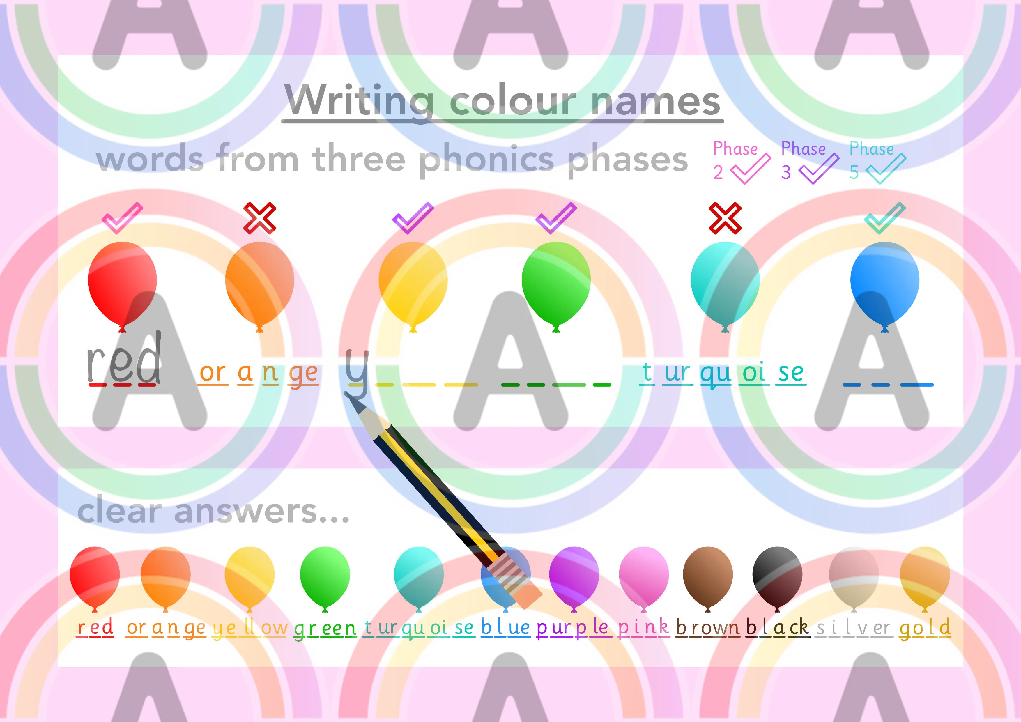 Writing colour words - Phonics phases 2, 3, 5 main preview