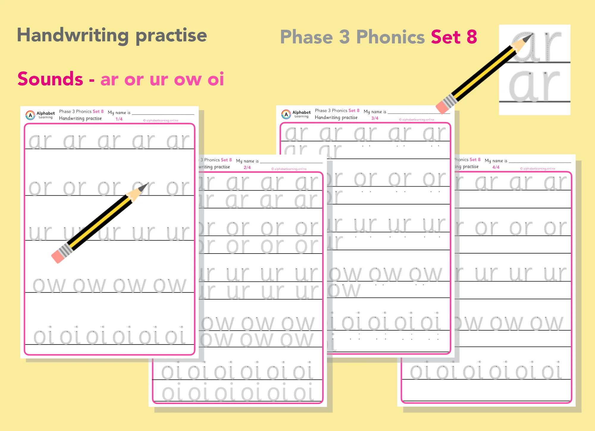 Handwriting Phase 3 Phonics ar, or, ur, ow, oi (Set 8)