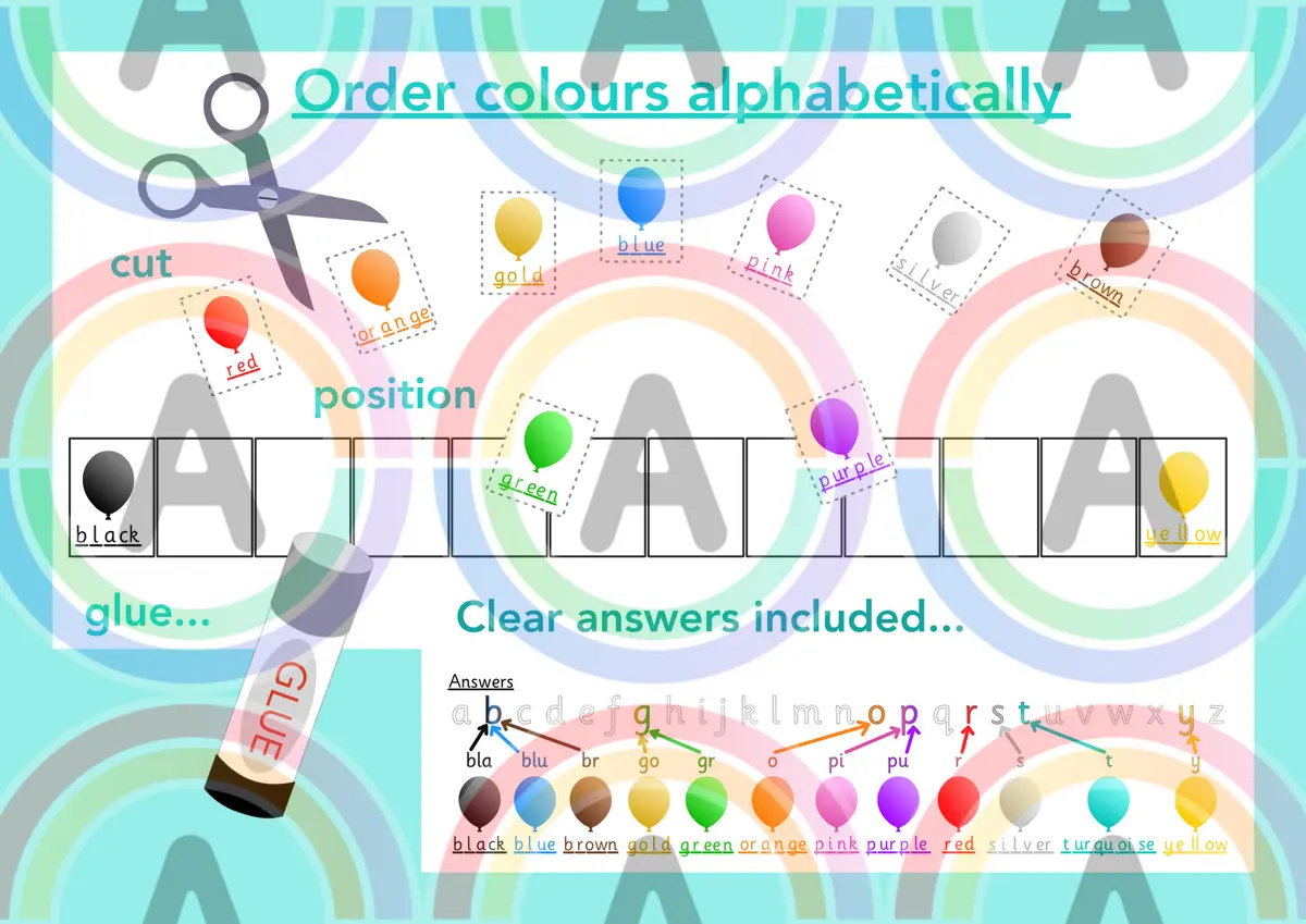 Ordering words alphabetically - colours main preview