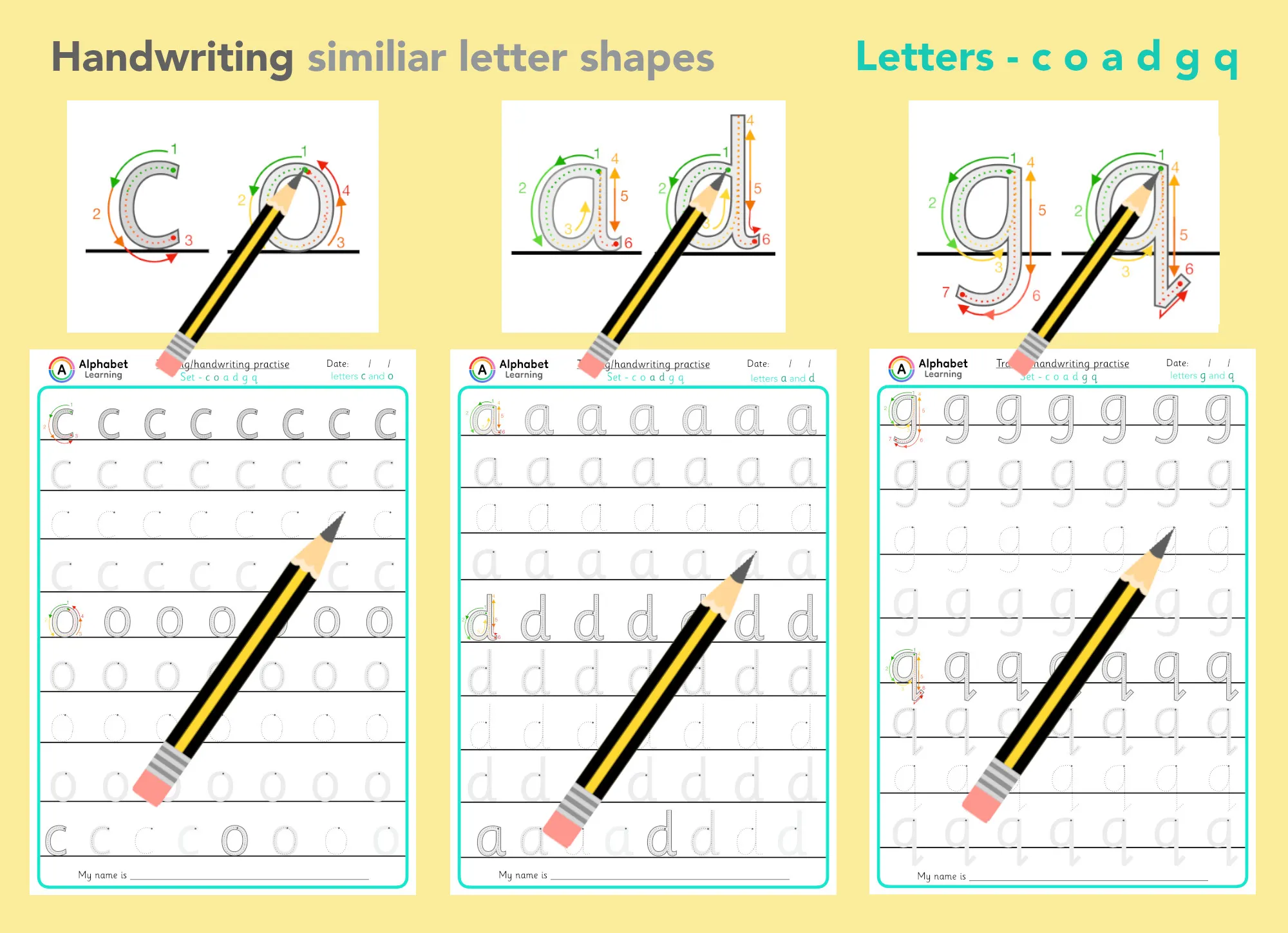 Correct Handwriting similar letters - c o a d g q main preview
